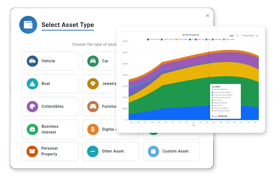 Add assets dialog showing account types and configuration options