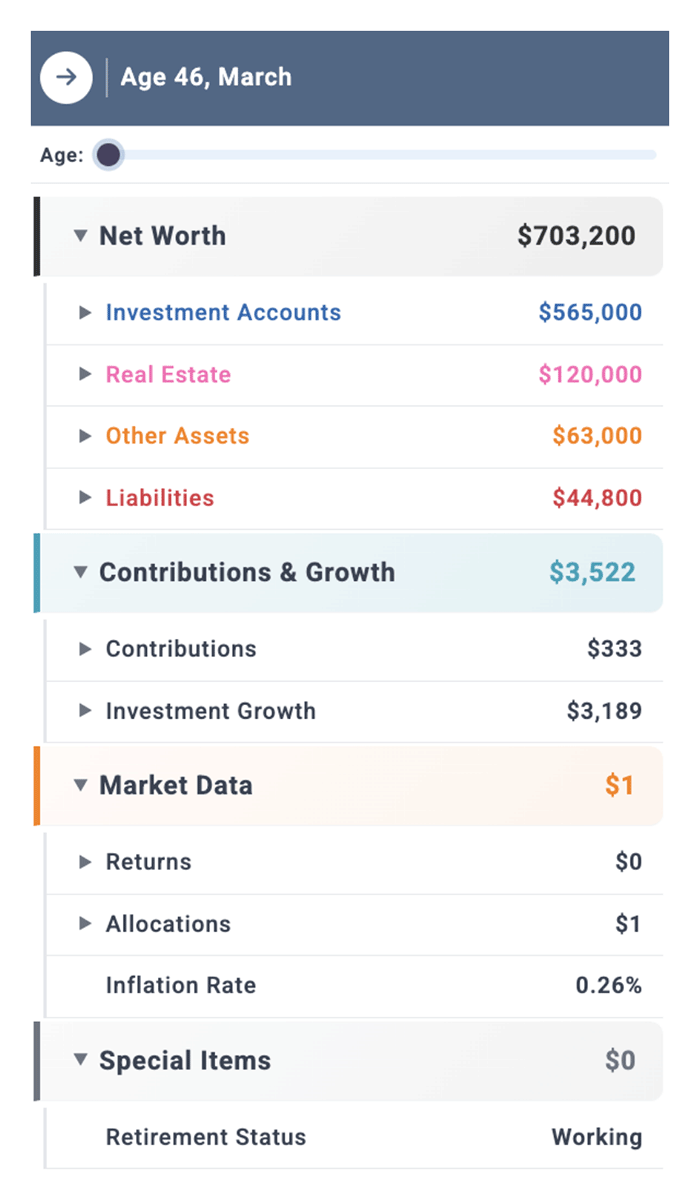 Data summary panel showing net worth, contributions, market data, and special items
