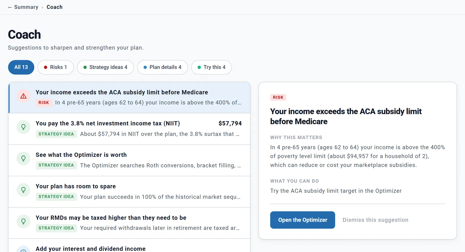 The Coach: filter chips for All 13, Risks, Strategy ideas, Plan details and Try this; a ranked list of suggestions, led by Your income exceeds the ACA subsidy limit before Medicare; and on the right, Why this matters, What you can do and an Open the Optimizer button