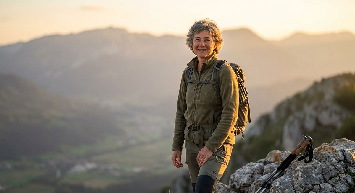 Confident woman in her early 50s overlooking a mountain vista during a morning hike, representing the active lifestyle and freedom of early retirement