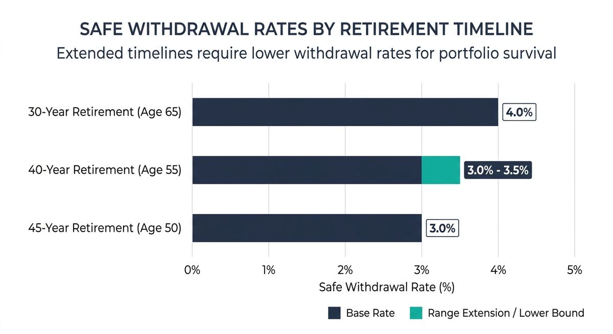 Chart comparing 4% rule for 30-year retirement versus 3-3.5% rates for 40-45 year early retirement timelines
