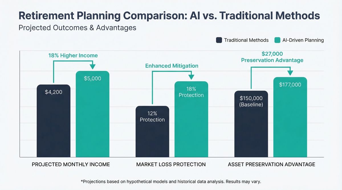 Professional chart comparing traditional retirement calculator results showing $65,000 annual income versus AI-optimized plan showing $76,700 annual income, representing an 18% improvement