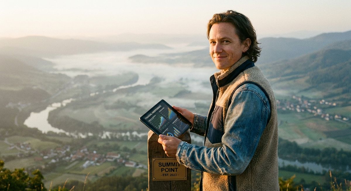 A confident 40-year-old person in casual attire standing on a mountain summit at sunrise, holding a tablet displaying financial charts and graphs, with a peaceful valley representing financial freedom stretching below