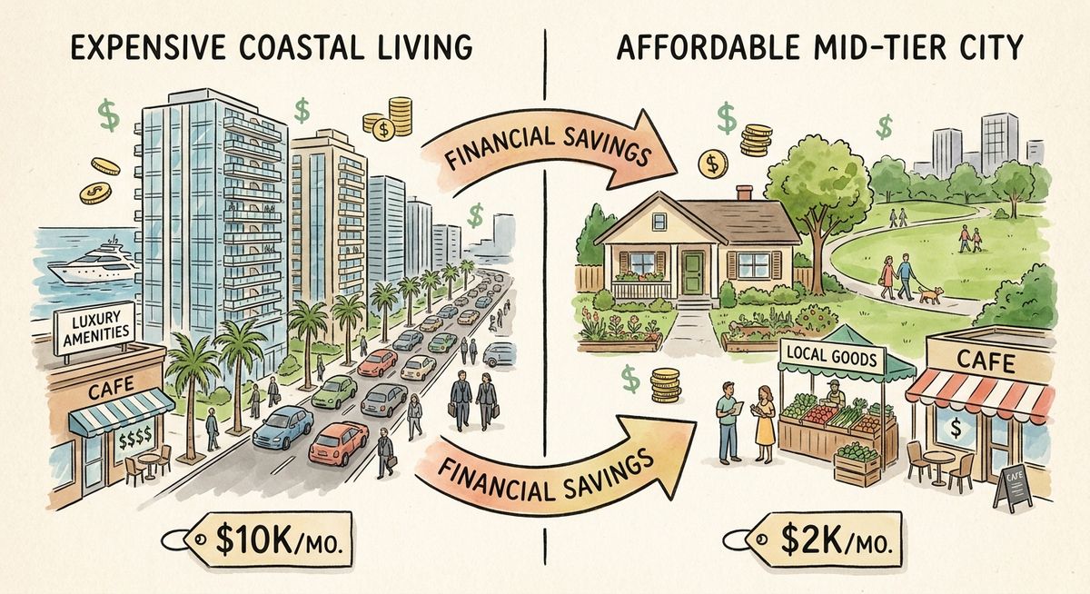 Split-screen editorial illustration showing two lifestyle scenarios: left side shows expensive coastal city living with high-rise apartments and expensive amenities, right side shows affordable mid-tier city with comfortable suburban home and lower costs, connected by an arrow showing the financial savings