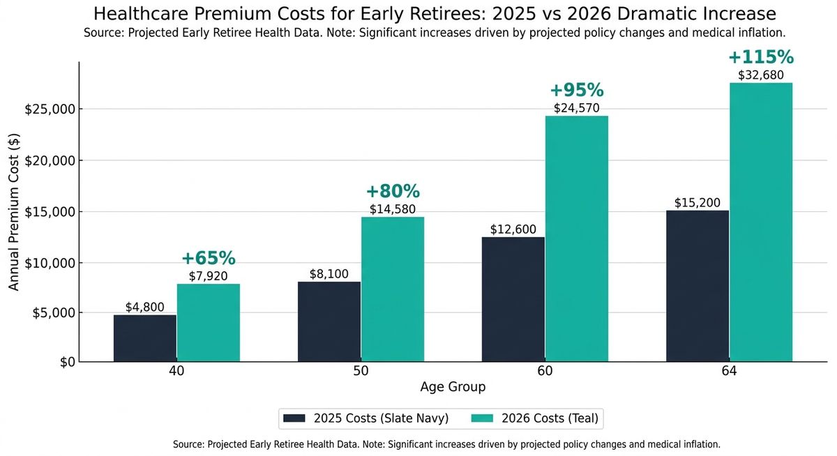 Clean chart showing healthcare premium costs for early retirees, comparing 2025 vs 2026 costs by age group (40, 50, 60, 64), with slate navy bars for 2025 and teal bars for 2026, demonstrating the dramatic increase