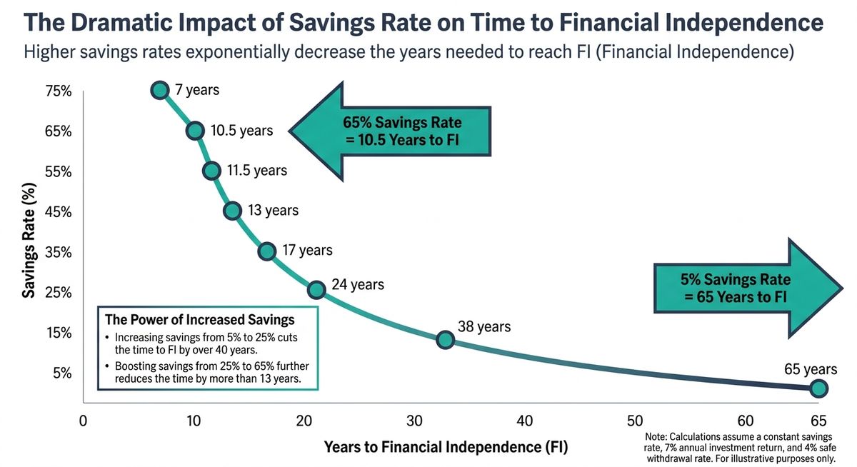 Clean infographic showing savings rate percentages on Y-axis (5% to 75%) and years to financial independence on X-axis (0 to 65 years), with key data points highlighted showing the dramatic difference between low and high savings rates