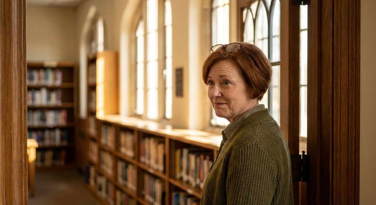 A 60-year-old woman with reading glasses and a cardigan standing in a school library doorway, looking back over her shoulder at rows of bookshelves as afternoon light streams through tall windows