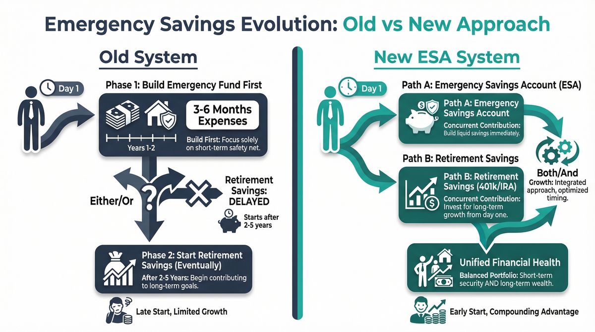 Comparison infographic showing old emergency fund approach versus new SECURE 2.0 ESA system with simultaneous emergency and retirement savings