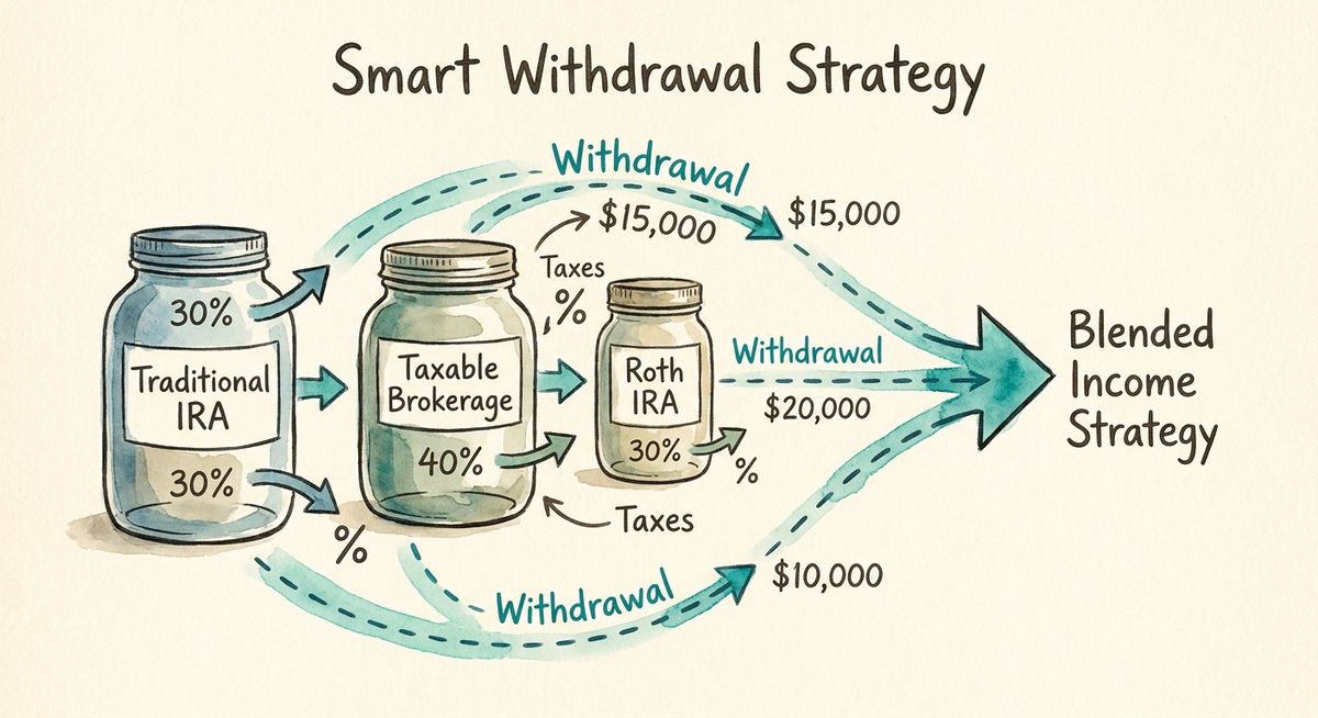 Infographic showing three account types with hand-drawn illustration style, watercolor accents, showing optimal withdrawal blending strategy with percentages and tax implications