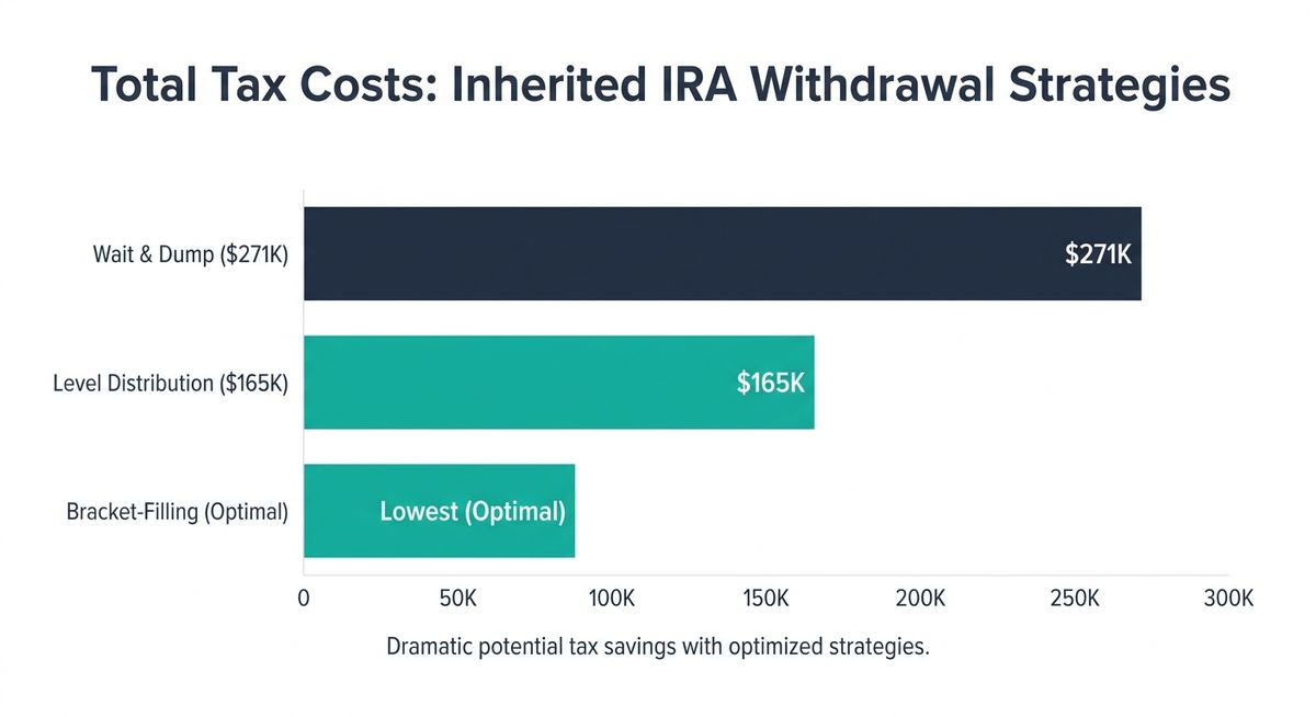 Chart comparing total tax costs of different inherited IRA withdrawal strategies, showing dramatic differences between approaches