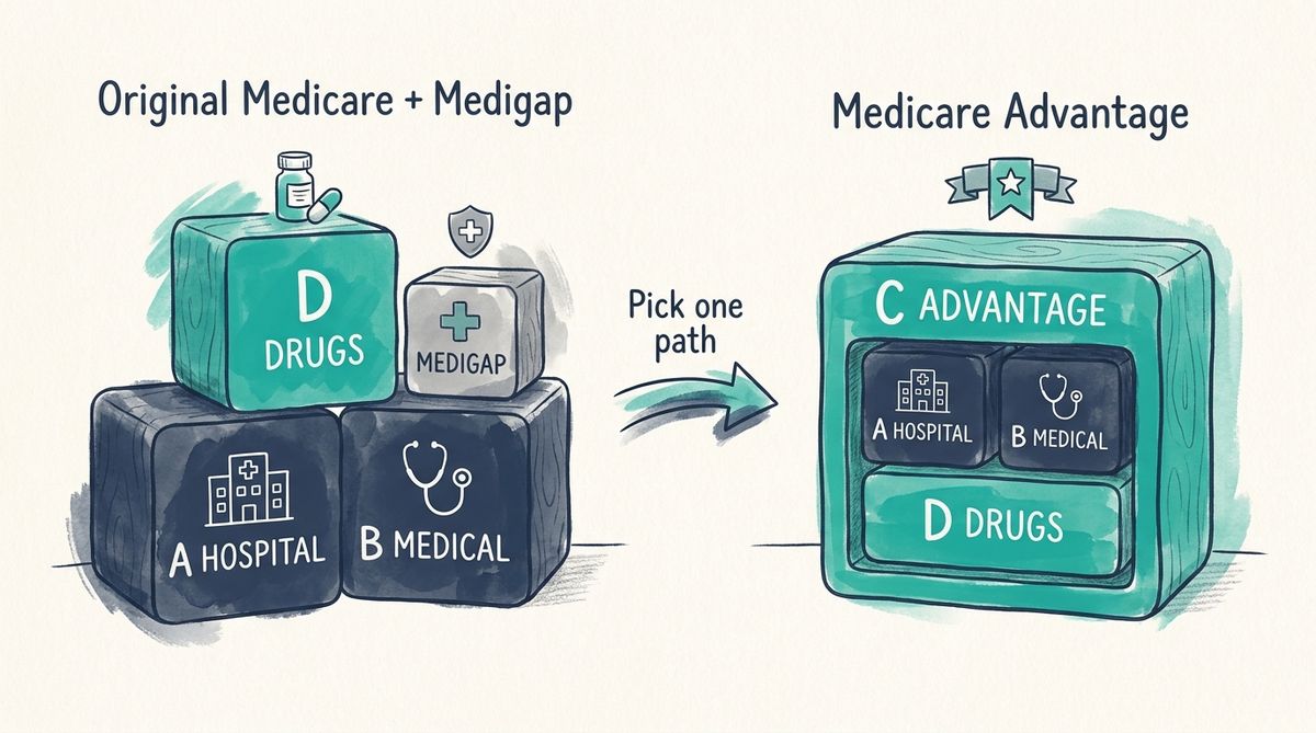 Hand-drawn illustration of Medicare Part A, B, C and D as four building blocks, showing Original Medicare with Medigap and Part D on one side and Medicare Advantage on the other