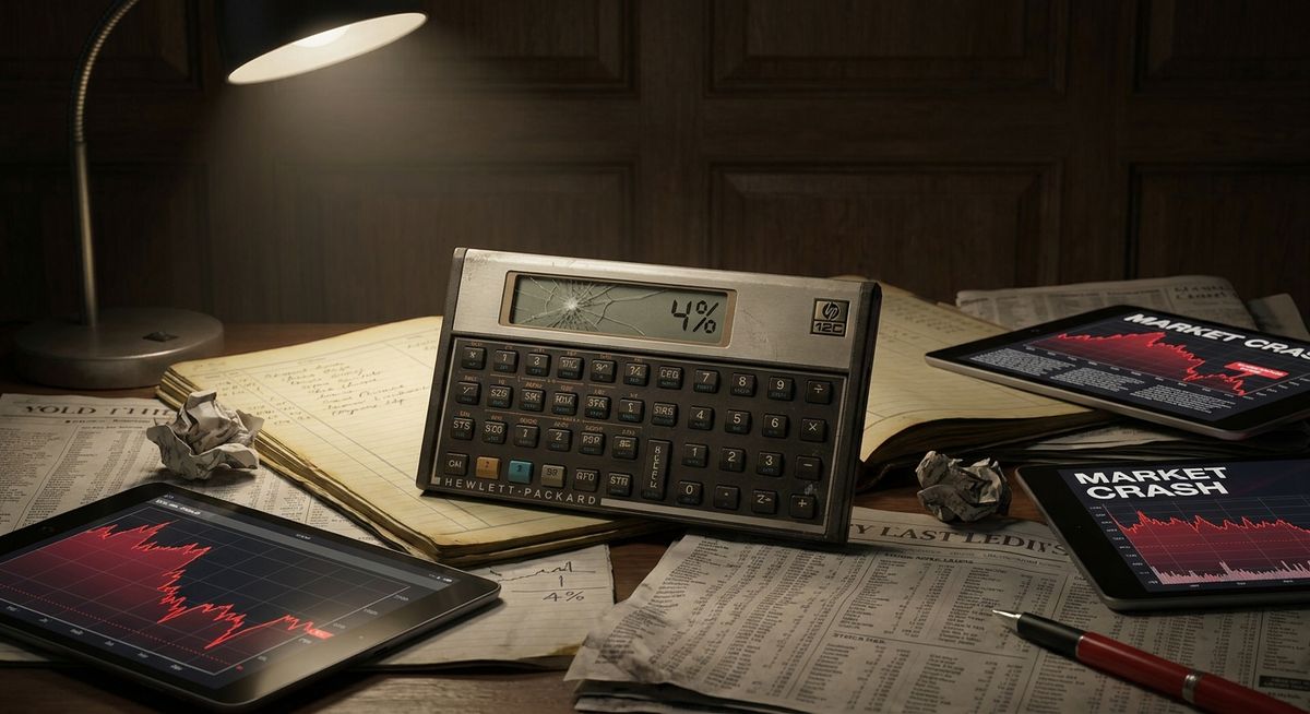 A vintage calculator displaying 4% with a cracked screen, surrounded by scattered financial papers and modern investment charts showing high market volatations