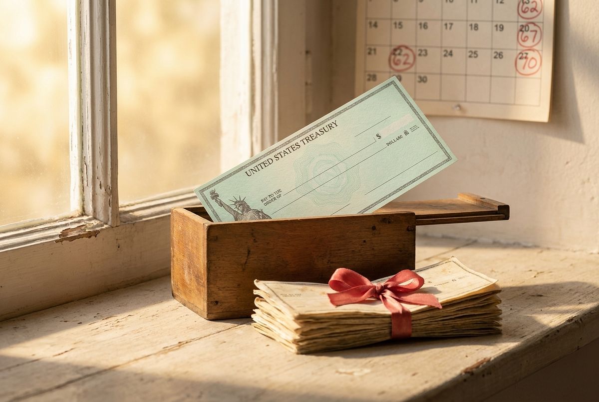 A pastel-green Social Security check tucked half inside a small keepsake box on a sunlit windowsill, resting atop a ribbon-bound stack of past years' uncashed checks