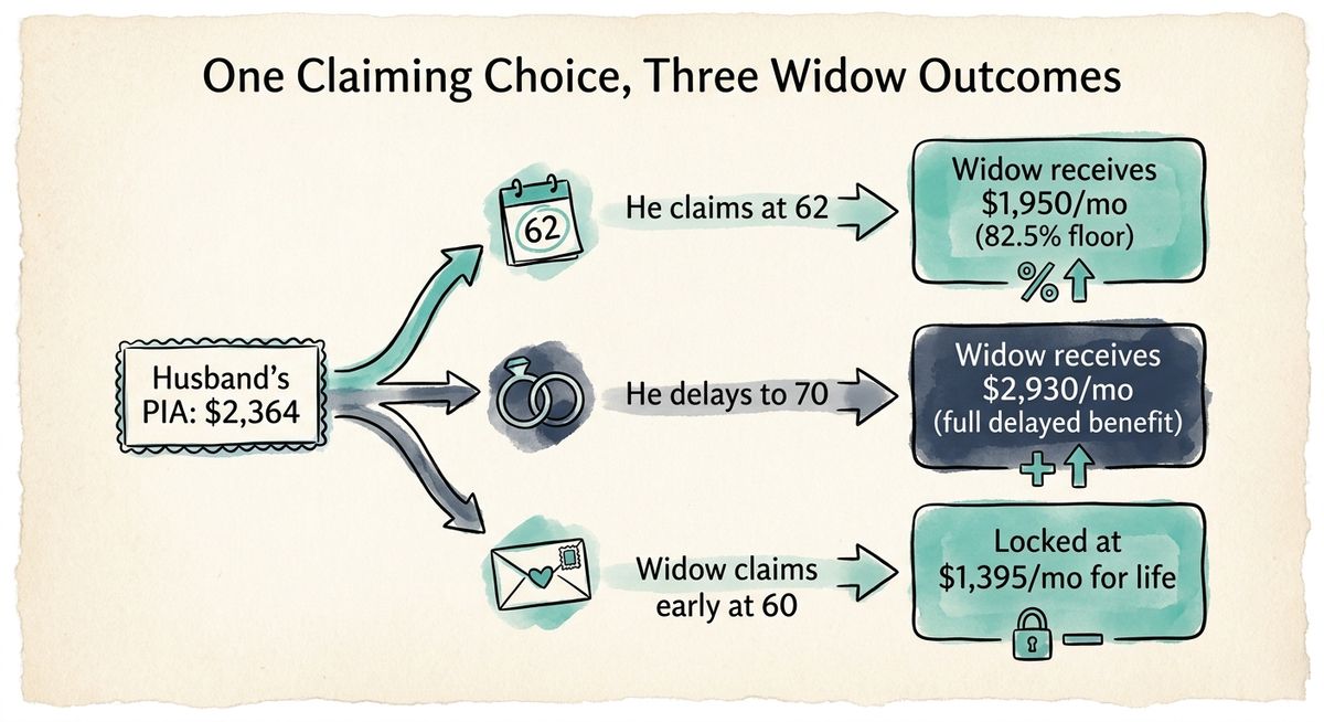 Decision-tree infographic showing three different widow's benefit outcomes depending on when the husband claimed and when the widow claims: $1,950 a month, $2,930 a month, or $1,395 a month