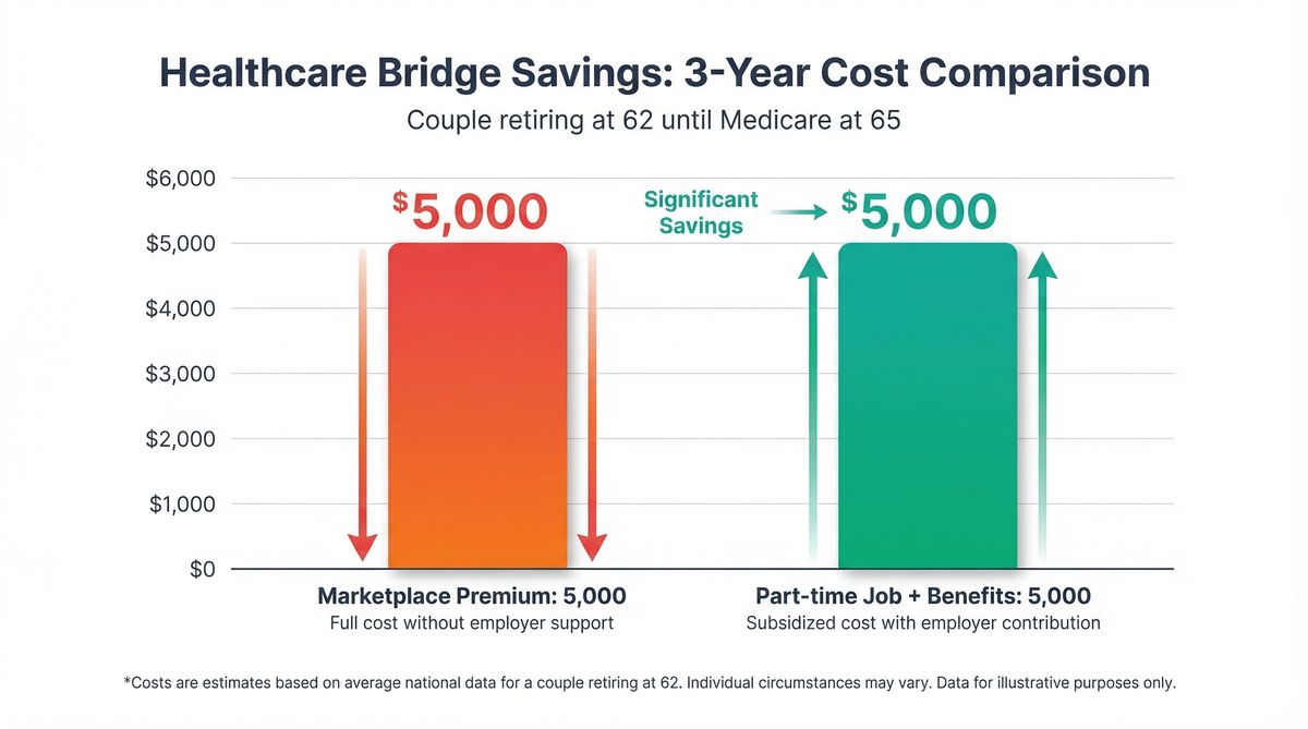 Healthcare cost comparison chart showing three-year costs from age 62-65: Marketplace premiums at $95,000 versus part-time job with benefits at $45,000, demonstrating $50,000 in savings