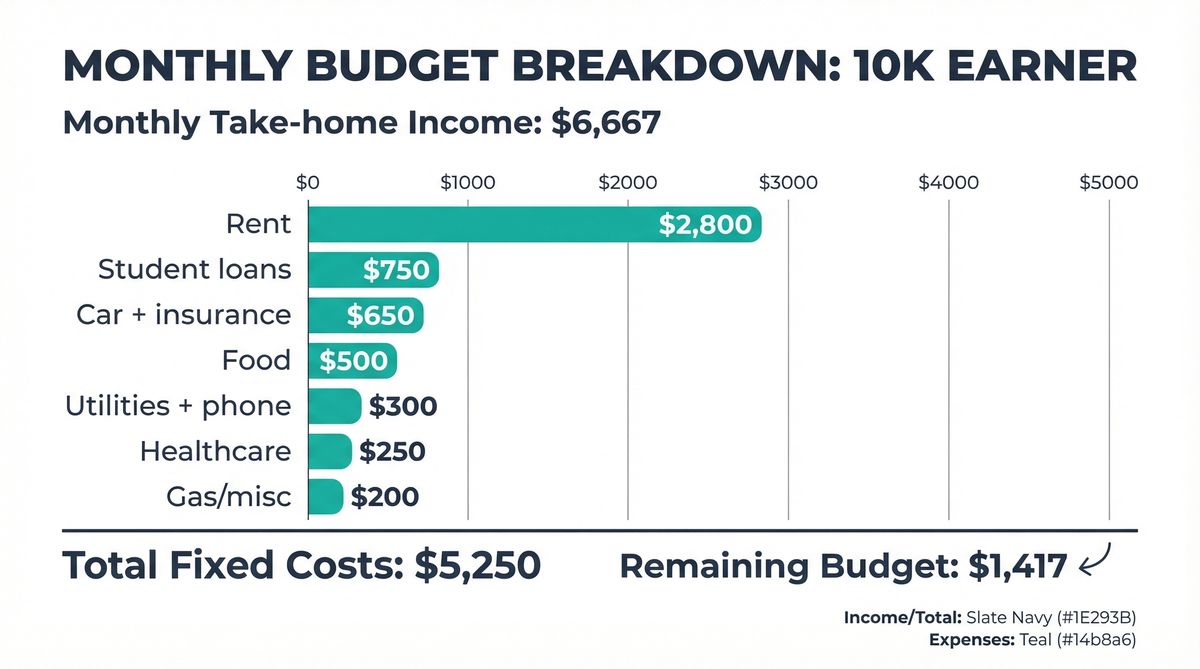 Monthly budget breakdown chart showing how a $110K salary gets consumed by fixed expenses, leaving little for savings