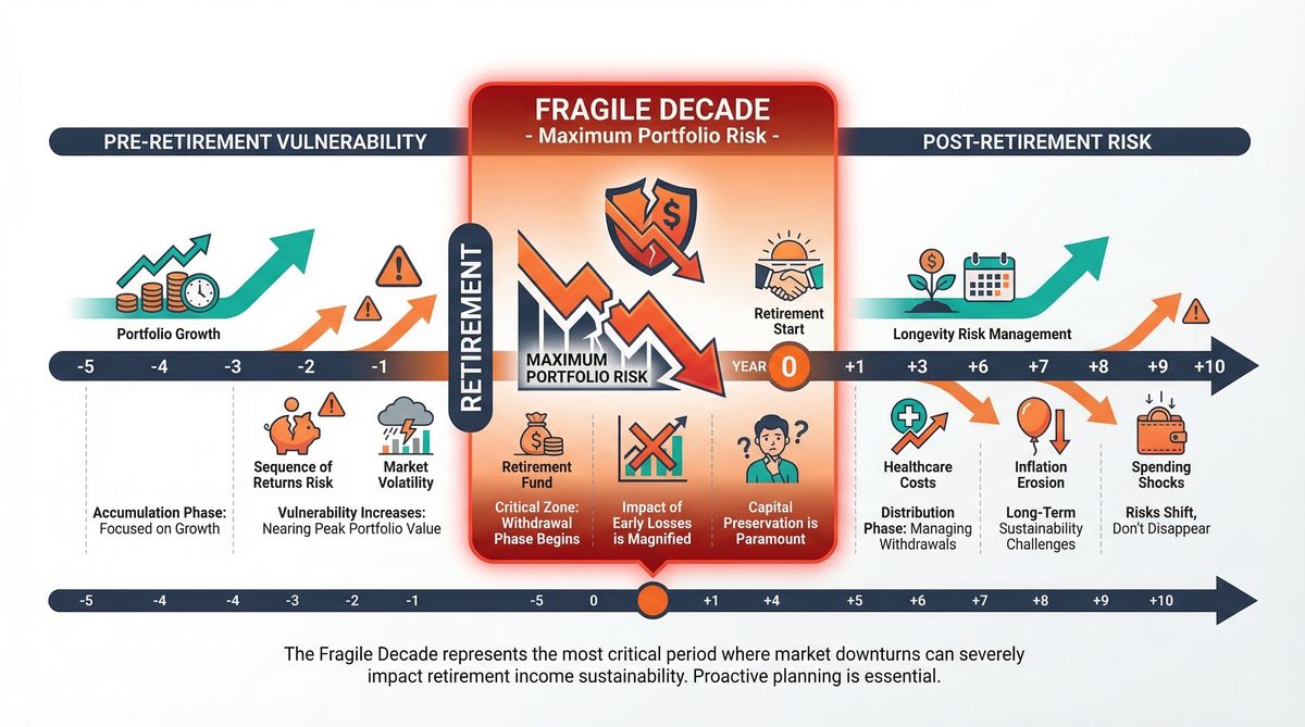 Timeline showing the fragile decade spanning 5 years before through 10 years after retirement, highlighting maximum portfolio vulnerability