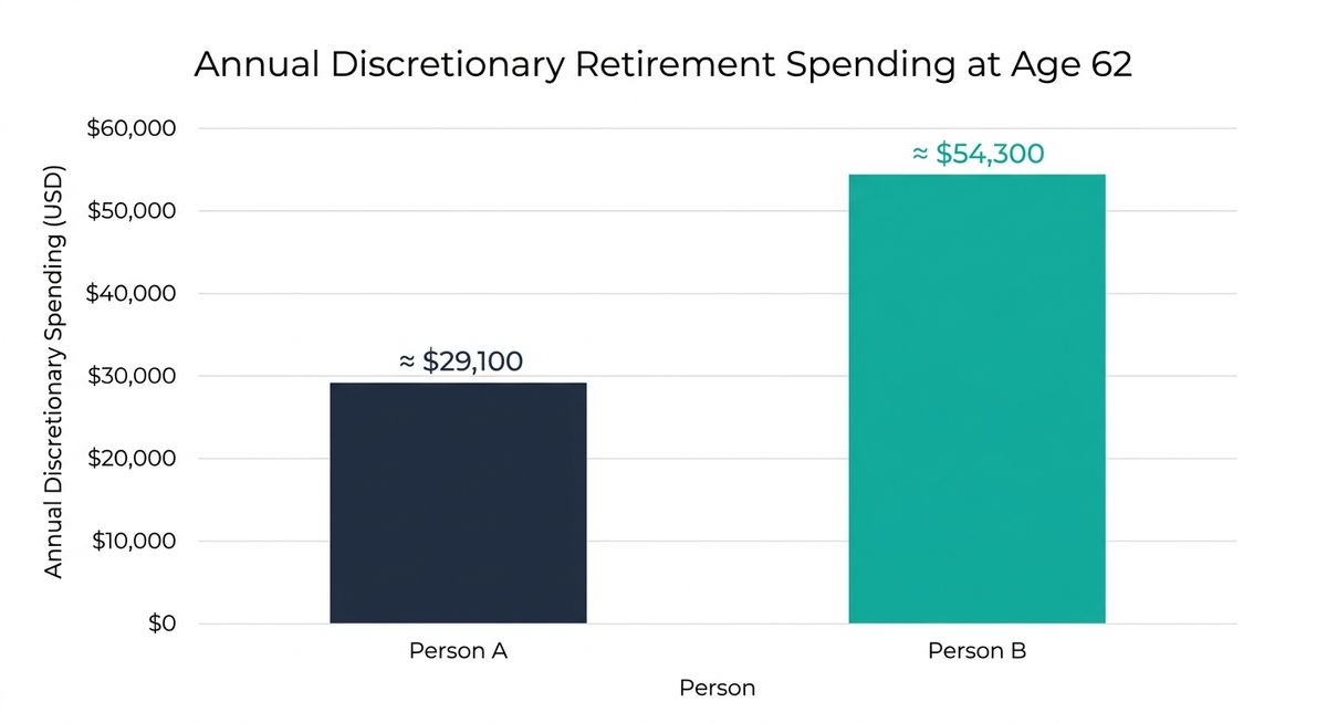 Bar chart comparing annual discretionary retirement spending at age 62, Person A at about $29,100 versus Person B at about $54,300
