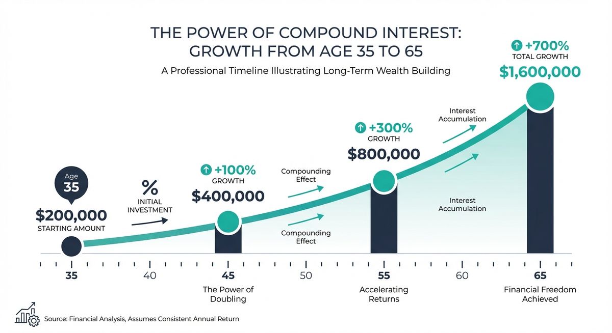 Visual timeline showing how $200,000 saved by age 35 grows to $1.6 million by age 65 through compound interest, with milestone markers at ages 45, 55, and 65