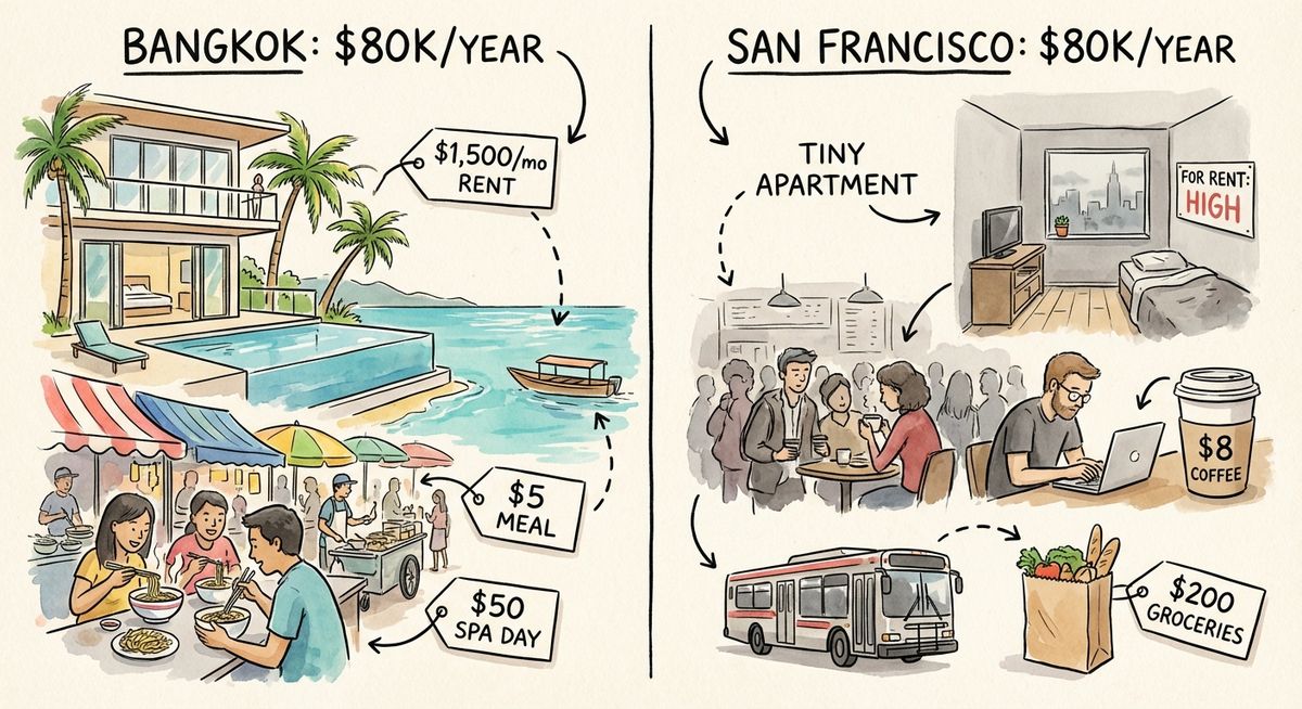 Split-screen comparison showing the same $80,000 annual budget providing a luxury lifestyle in Bangkok with a beachfront condo versus a modest lifestyle in San Francisco with a small apartment