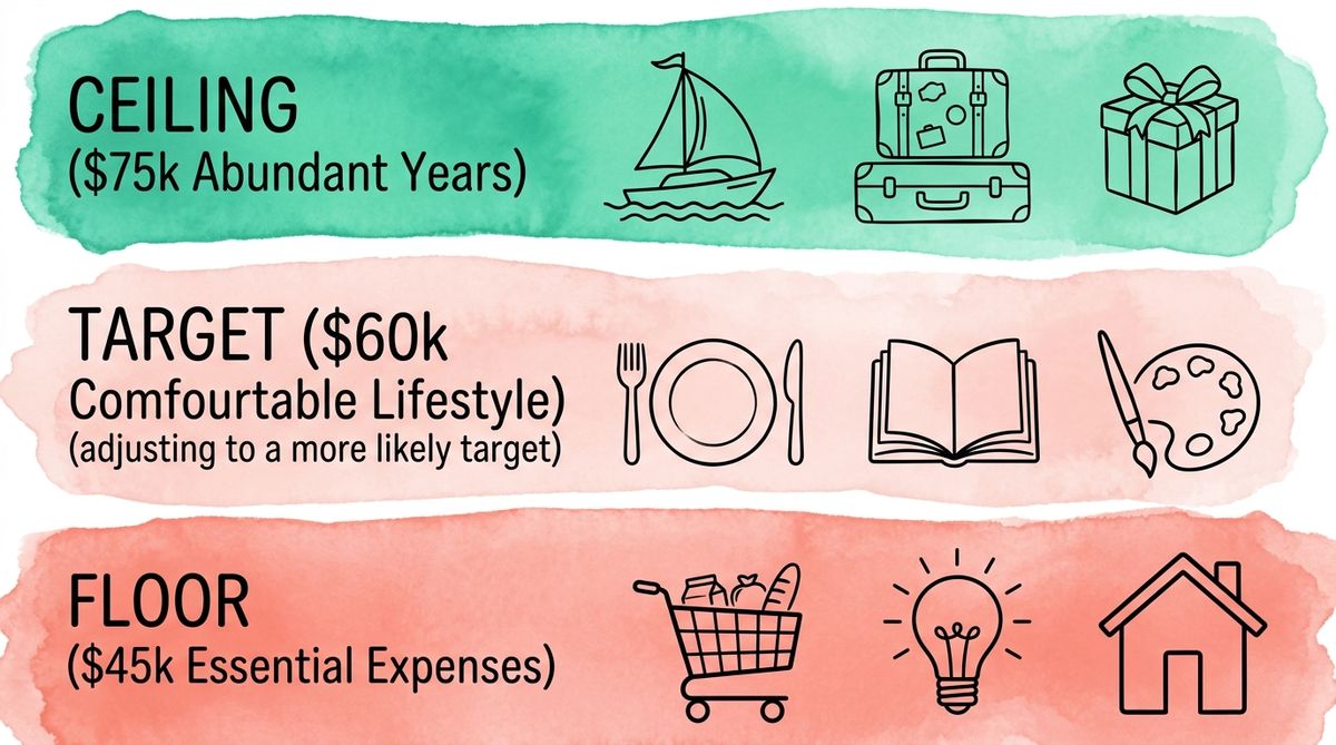 Infographic showing three spending bands: Floor $45k, Target $60k, Ceiling $75k