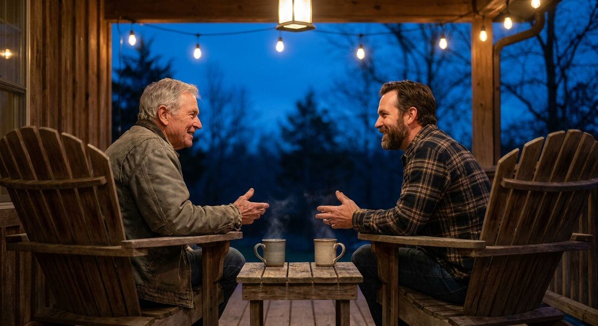 A father in his seventies and his adult son sitting together on a porch at dusk, coffee mugs on the table between them, mid-conversation