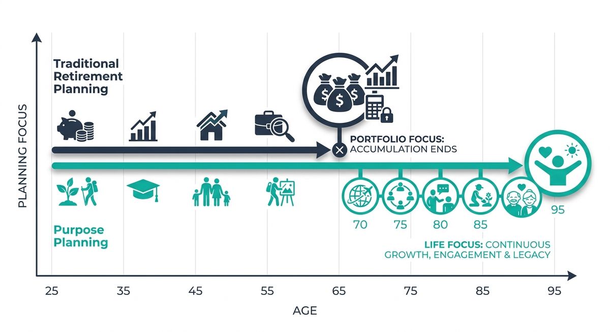 Timeline chart showing traditional retirement planning ending at age 65 while purpose planning needs to continue for 20-30 years of retirement life