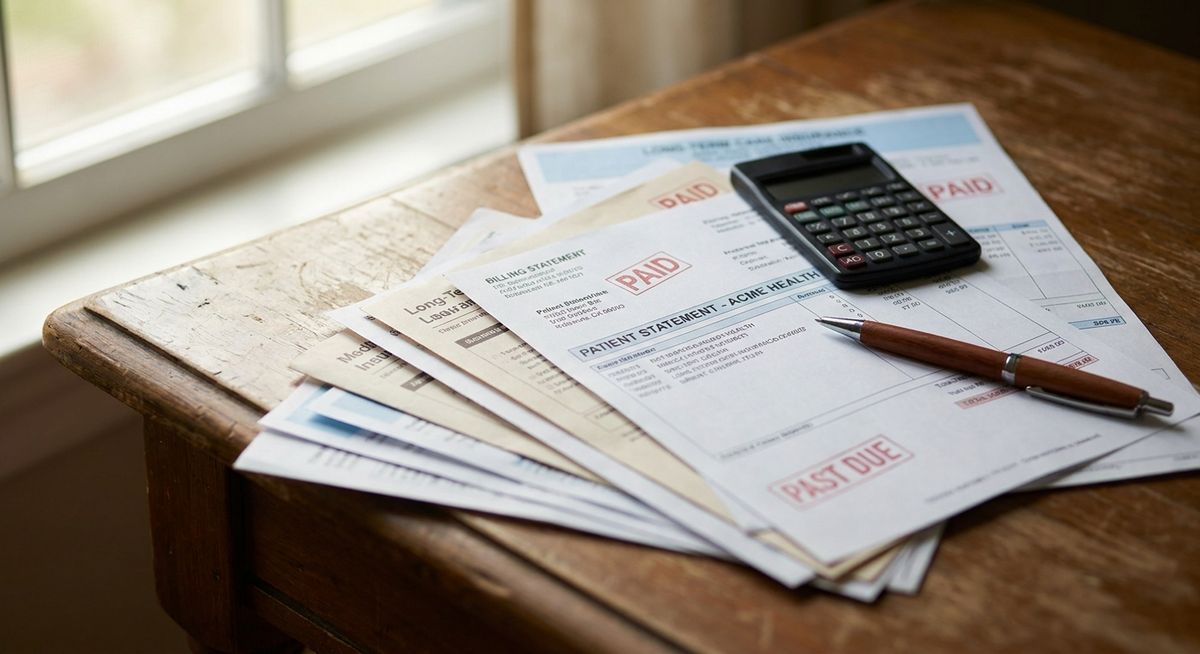 A close-up still life of overdue medical and long-term care insurance bills stacked beside a calculator and pen, soft window light