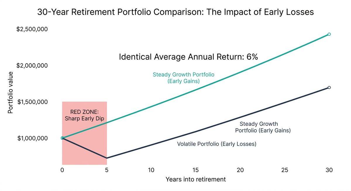 Line chart comparing two retirement portfolios with the same average return but a different order of returns, showing one diverging sharply lower after an early downturn