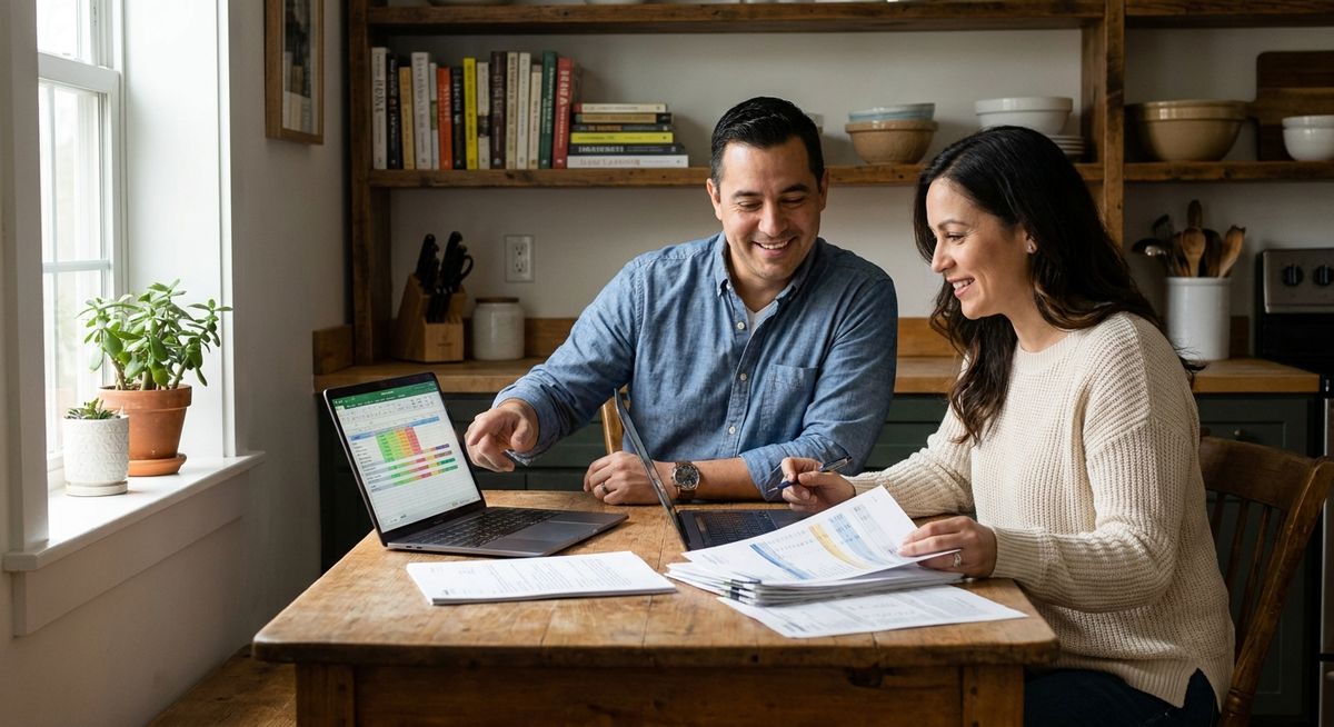 Marcus and Jenna Torres, a content couple in their early 40s, sitting together at a warm, well-lit kitchen table with laptops, financial documents, and a well-organized spreadsheet visible on screen, both looking optimistic and engaged as they review their retirement planning