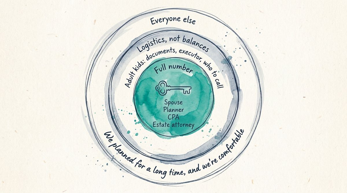Hand-drawn concentric circles showing who gets the full number: spouse, planner, CPA and estate attorney at the center, adult kids who get logistics in the middle ring, and everyone else who hears we're comfortable
