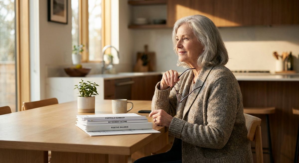 Thoughtful senior woman in her 70s sitting at a modern kitchen table with financial documents spread in front of her, looking contemplative rather than worried, with sunlight streaming through a window, representing the quiet confidence crisis of retirement spending