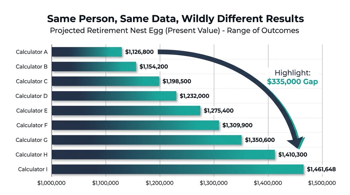 Bar chart showing dramatic differences in retirement projections from nine different calculators, ranging from $1.1M to $1.4M for identical financial profiles
