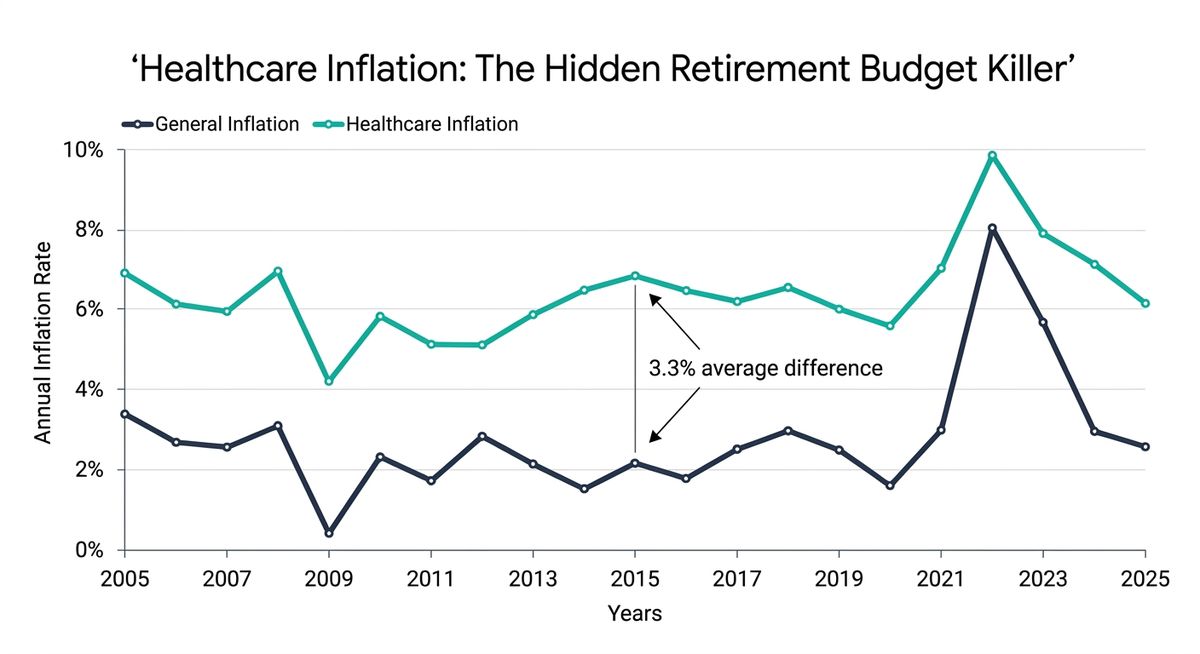 Dual-line chart showing healthcare inflation consistently outpacing general inflation by 3-4 percentage points annually over the past 20 years