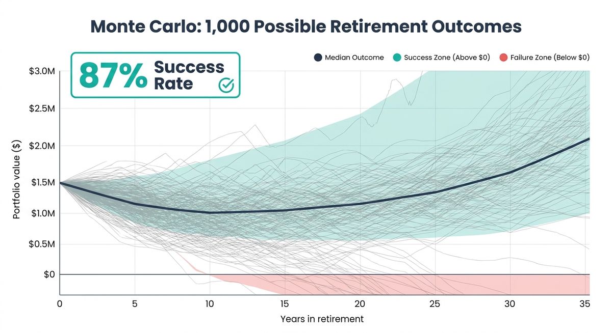 Fan chart showing multiple possible retirement outcome paths from Chance of Success simulation, with success and failure zones clearly marked and probability percentages