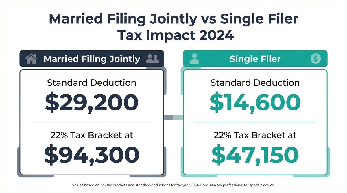 Tax comparison chart showing the difference between married filing jointly and single filer tax brackets and deductions